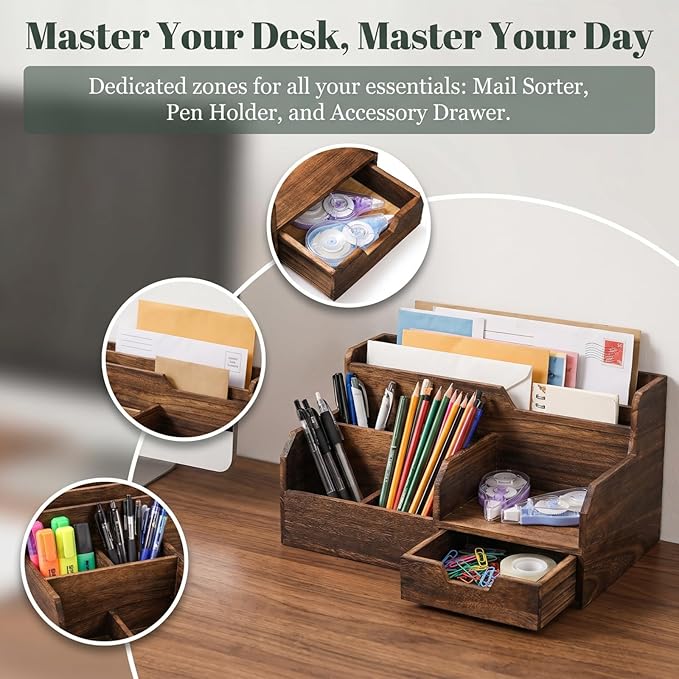 Pumtus Brown Wooden Desk Organizer, Mail Organizer with 7 Compartments and Drawer, Rustic Mail Sorter with Pen Holder, Tabletop Mail Basket, Office Accessories Holder for File Letter Document