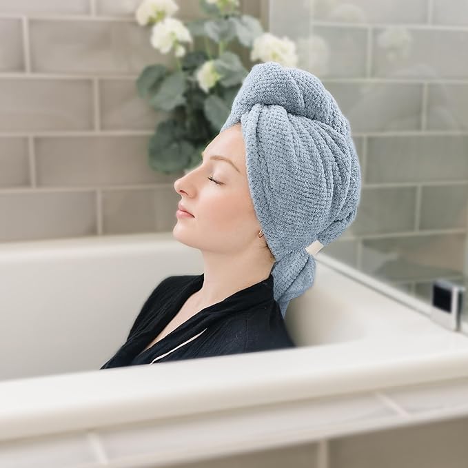 ROLSHOL 2 Packs Large Microfiber Hair Towels for Women, Super Absorbent & Quick Dry Hair Towel Wrap for Curly Hair Long & Short Hair- Anti-Frizz Hair Turbans for Wet Hair (Blue/White) - 27.5''*39.4''