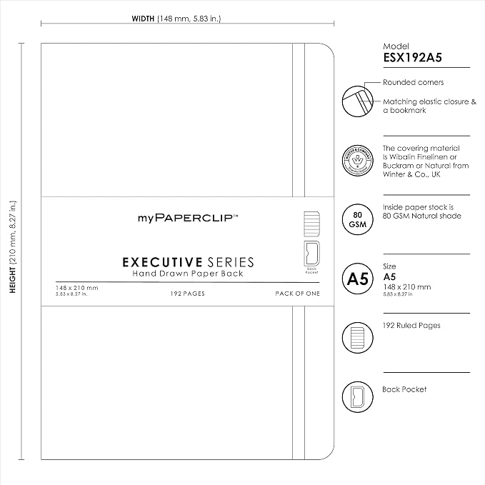 myPAPERCLIP Executive Series A5 Ruled Notebook | 192 Pages, 80 GSM, Soft Cover, A5 (5.83 x 8.27 in) | Flat Lay | Bookmark, Elastic Closure & Back Pocket | Black