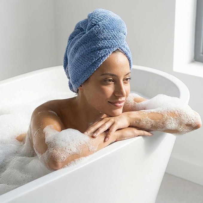 REDKISS Microfiber Hair Towel Wrap for Women, Double Sided Hair Towels with Elastic Strap, Super Absorbent Quick Dry Hair Drying Towel for Long, Thick, Curly Hair, Anti-Frizz Turban (Blue & Gray)
