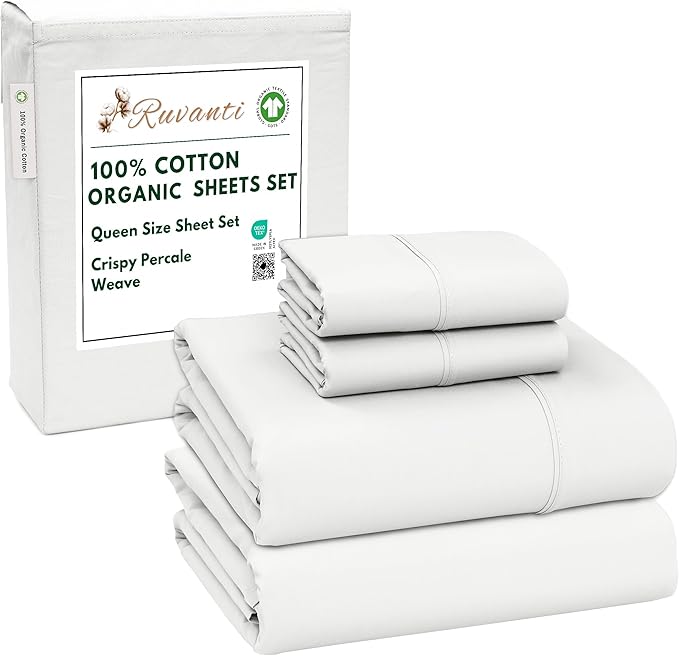 RUVANTI 100% Cotton Organic Percale Sheets Queen Size – Crisp Cooling Bed Sheets for Hot Sleepers, Deep Pocket 15”, Soft Peach Finish, Breathable & Durable Hotel-Style 4 Pcs, Bit of Blue