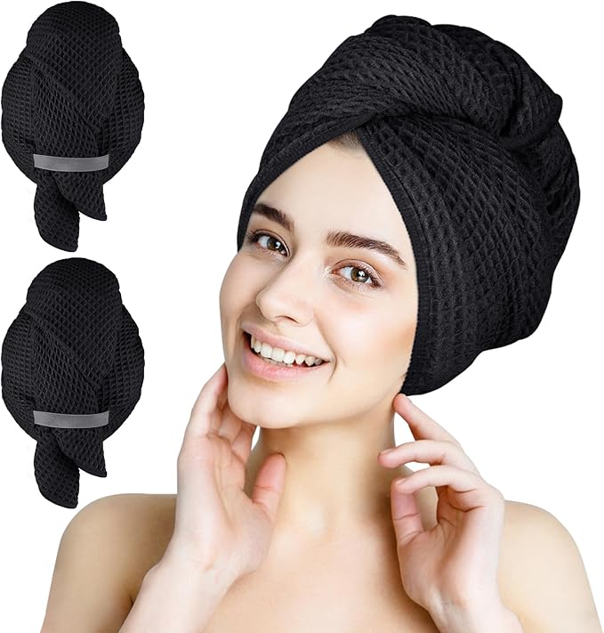 HOMEXCEL Large Microfiber Hair Towels 2 Pack, Waffle Weave Black Hair Towels - 40 x 26.5 inches Fast Drying Turbans for Long, Thick, Curly Hair - Anti Frizz Wrap with Elastic Strap