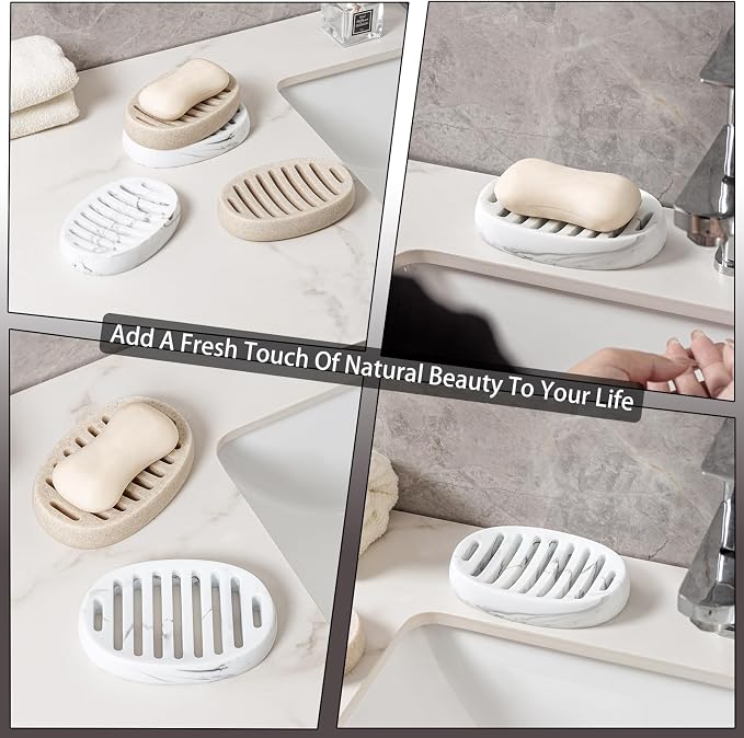 Soap Dish, Bar Soap Holders, Oval White Marble Look | Modern, Minimalist, Simple, Self Draining, Soap Saver Spone Holder Tray, for Shower Bathroom Countertop Kitchen Sink Bathtub