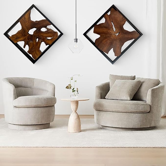 Warmaxx Rustic Teak Wood Wall Art 27.8"L x 27.8"W x 2.3" Thickness Farmhouse Framed Wall Art Aesthetic Decoration Square Home Office Dorm Handmade Freeform Pattern Natural Wall Décor Living Room Bedroom Hallway