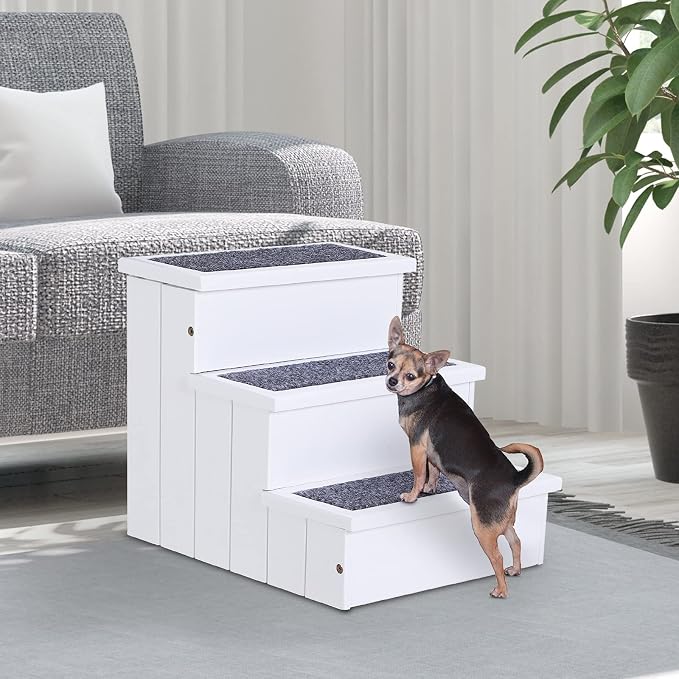 PawHut 3 Step Wooden Carpeted Non Slip Pet Stairs Ramp for Cats and Small Dogs - White