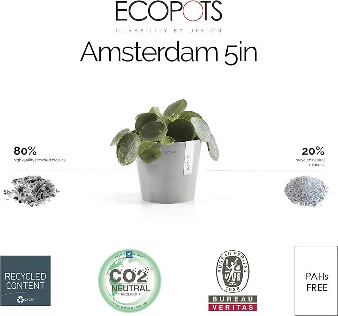 Ecopots Amsterdam Mini Durable Modern Round Recycled-Based Composite Flower Pot Planter, White Grey, 5"