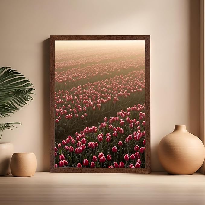 Monem Art Golden Tulip Field Sunset Photography Print - Romantic Spring Landscape Art Poster - Wall Decor for Living Room, Bedroom or Office - 16x20 Brown Framed Wall Art by Mareike Bohmer