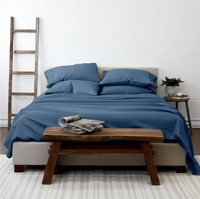 100% Organic Cotton Bed Sheets 800-Thread-Count, 16-Inch Deep-Pocket, Luxury Breathable Crisp 4-Piece Bed Sheet Set (1 Flat Sheet, 1 Fitted Sheet, 2 Pillowcases) - Full-XL, Mediterranean Blue