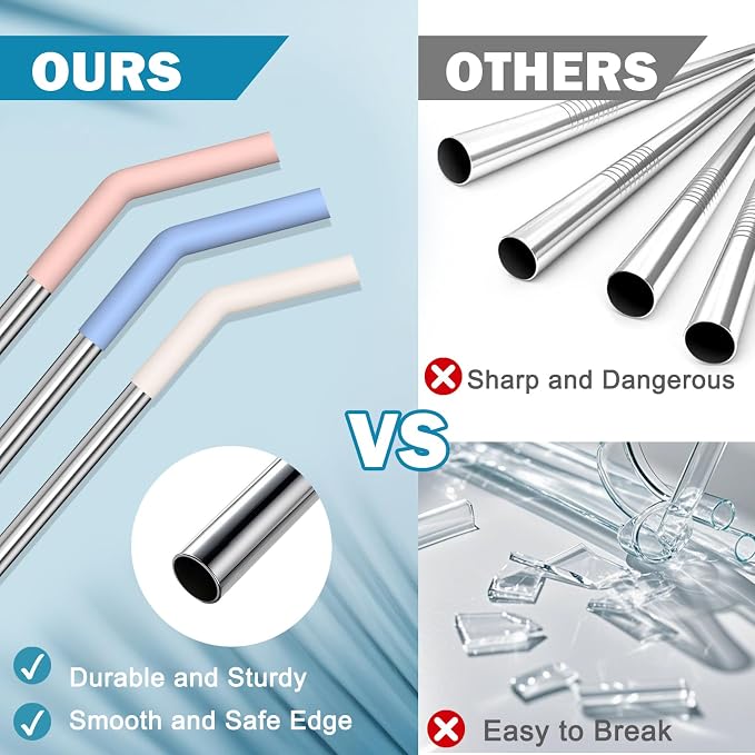 HEYSKAY 3pc Replacement Straws Reusable for Stanley Tumbler 40oz 30oz Metal Replacement Straws with Silicone Tips and Cleaning Brushes