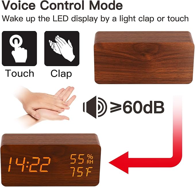 Digital Alarm Clock, LED Adjustable Brightness Voice Control Desk Wooden Alarm Clock with Day/Date/Temperature and Humidity USB/Battery Powered for School Home Office Kids