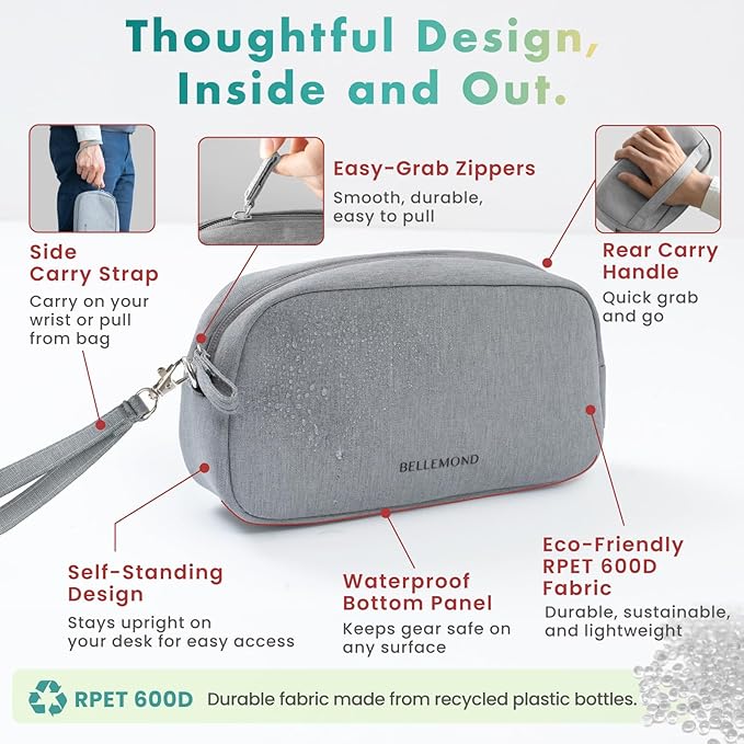 BELLEMOND Tech Organizer Pouch for Travel | Electronics Organizer Case for Cables, Chargers & Accessories | Hidden AirTag Pocket, Cable Pass-Through & Waterproof Base | Bamboo Green