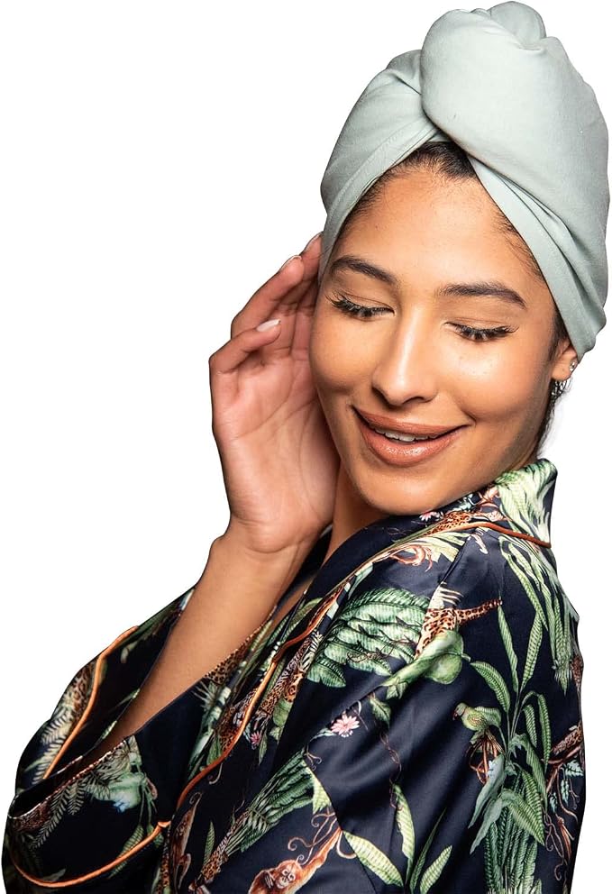 T-Shirt Hair Plopping Towel for All Textures - Cotton Blend Water Absorption Turban with Secure Button - Moisture Gentle Styling and Setting Wrap - Sage
