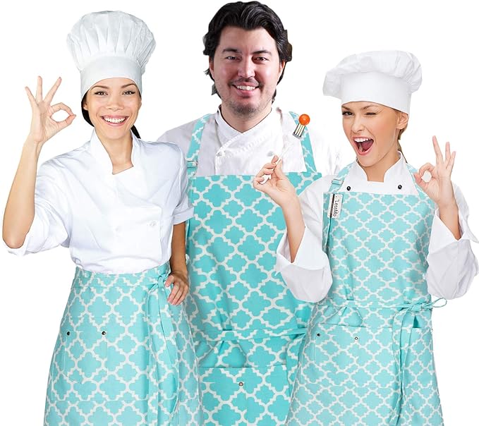 LessMo Kitchen Cooking Aprons with 3 Pockets for Men Women - Cotton Adjustable Professional Grade Chef Apron for Kitchen, BBQ & Grill (Light Green)