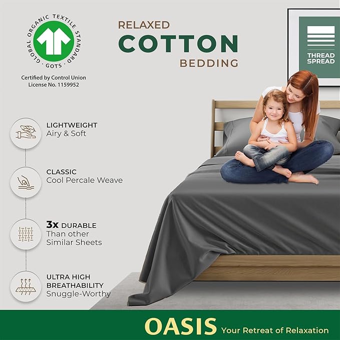 THREAD SPREAD 100% Organic Cotton Sheets California King Size - 4 PC Organic Cotton Cal King Size Percale Weave Sheet Set, Soft, Cooling & Crisp, 16" Deep Pocket Hotel Quality Bedding Set - Dark Grey