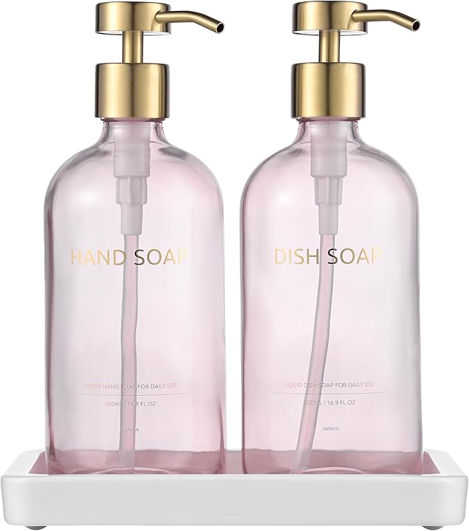 Glass Kitchen Soap Dispenser Set with Ceramic Tray,16.9 floz Hand and Dish Soap Dispenser for Kitchen and Bathroom Decor (Pink Bottles + Gold Pumps)