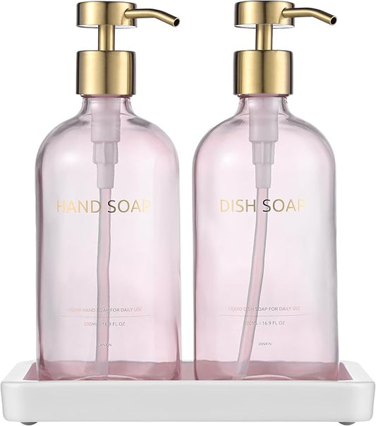 Glass Kitchen Soap Dispenser Set with Ceramic Tray,16.9 floz Hand and Dish Soap Dispenser for Kitchen and Bathroom Decor (Pink Bottles + Gold Pumps)