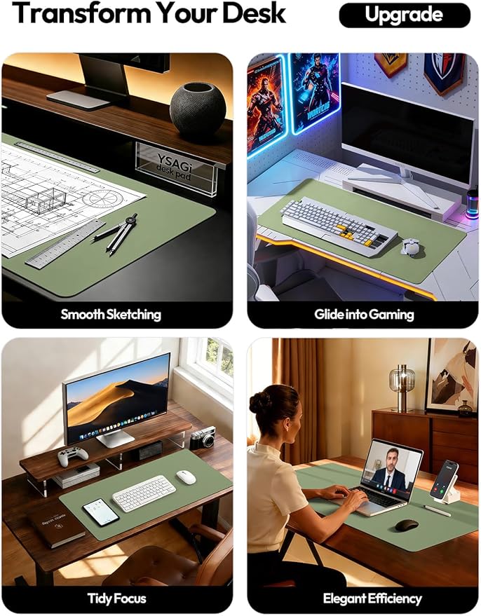 YSAGi PU Leather Desk Pad Protector – Non-Slip Waterproof Desk Mat for Office & Home, Easy Clean Large Mouse Pad & Laptop Writing Blotter 23.6"x13.8" Bamboo Green