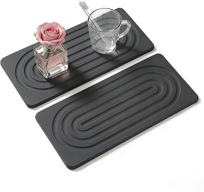 2 PCS Water Absorbing Diatomite Coasters, Stone Drying Mat for Kitchen Counter, Quick Dry Stone Mat Trays for Bathroom Kitchen Counter, Soap Dish Tray Used for Hand Soaps (Dark Gray, 8.3" x 4")