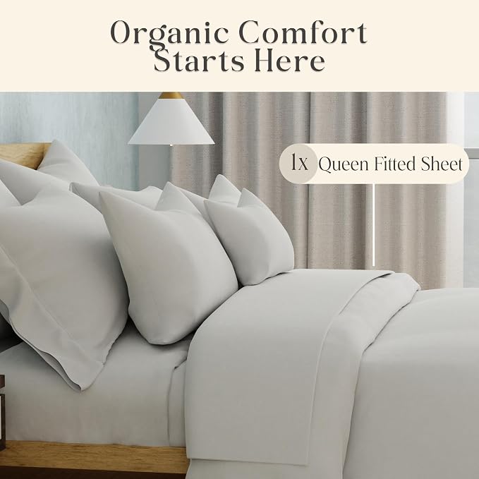 Delilah Home 100% Organic Cotton Queen Fitted Sheet, GOTS & Vegan.org Verified, Long Stem 300 TC Sateen Bedding, Non-Synthetic, Deep Pocket Fitted Linen, Lightweight, All-Season, 1 Piece Set - White