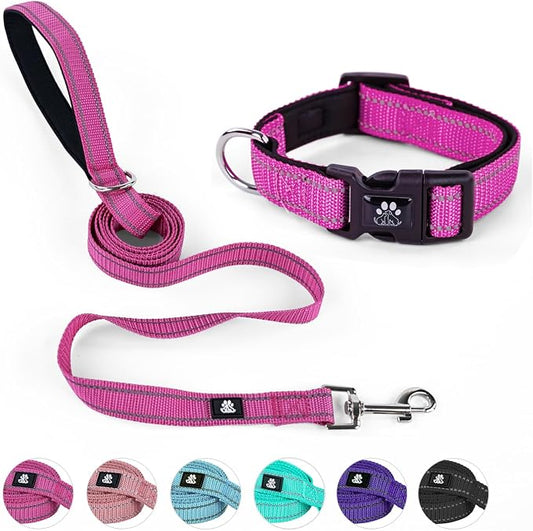 NESTROAD Dog Collar and Leash Set,Reflective Dog Collars with Quick Release Buckle,Adjustable Nylon Pet Collar for Small Medium Large Dogs(Large,Fuchsia Pink)