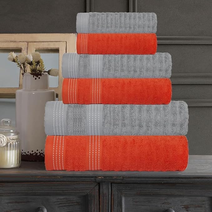 CASA COPENHAGEN Elegance 6Pcs 100% Egyptian Cotton Large Designer Towels Gift Set- Grey Violet-Peach, 550GSM, 2Bath 2Hand 2Washcloths, Bath Towels for Bathroom Set for Women & Men