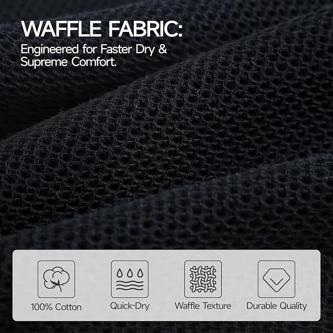 REDKISS Quick Dry Waffle Towel Set of 8, 100% Cotton,Lightweight & Highly Absorbent Waffle Towels for Bathroom, Spa, Gym, Pool-2 Bath Towels, 2 Hand Towels & 4 Washcloths,Black