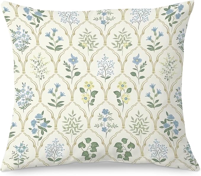 Blue and Green Floral Block Print 18x18 Pillow Cover, Cottagecore Home Decor, Vintage Grandmillennial Botanical Wildflower Decorative Throw Pillow Cover for Home Bedroom Living Room