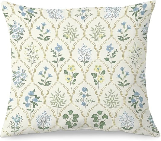 Blue and Green Floral Block Print 18x18 Pillow Cover, Cottagecore Home Decor, Vintage Grandmillennial Botanical Wildflower Decorative Throw Pillow Cover for Home Bedroom Living Room
