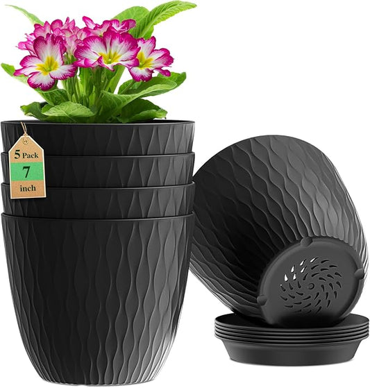 WSMKSZ 7 inch Plant Pots, 5 Pack Flower Pots with Drainage Holes and Saucers for Indoor Plants, Plastic Planters with Water Ripple for Small Garden House Plants, Nursery Pots for Succulent, Black