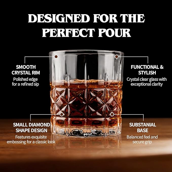 Moretoes Drinking Glasses, 12 Piece Crystal Glass Cups, Mixed Glassware Set, 6 Crystal Old Fashioned 10oz and 6 Highballs Glasses, Great for Cocktail, Whisky and Other Beverages