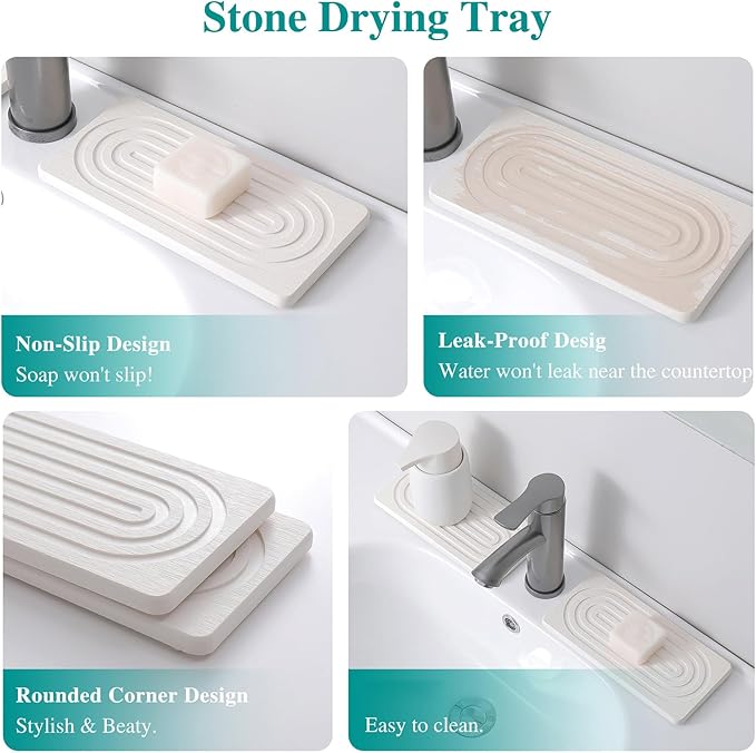 2Pieces Natural Water Absorbing Stone Soap Holder Tray for Bathroom Countertop and Sink Organization Counter Top Natural Diatomite Bath Tray