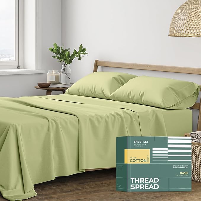 Thread Spread 100% Organic Cotton Sheets California King Size - 4 PC Organic Cotton Cal King Size Percale Weave Sheet Set, Soft, Cooling & Crisp, 16" Deep Pocket Hotel Quality Bedding Set - Sage Green