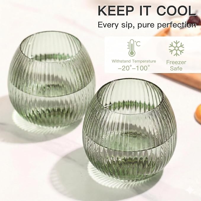 JOVGANK Green Ribbed Drinking Glasses Set of 6-10.8 OZ Stemless Wine Champagne Whiskey Cocktail Glass, Reusable Wine Cups for Home Party Wedding Bar