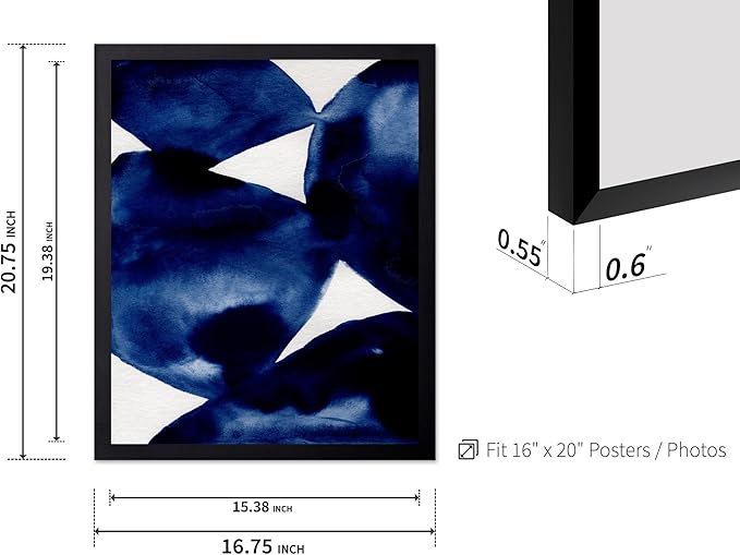 Monem Art Indigo Abstract Watercolor Painting Print - Minimalist Modern Art Poster - Wall Decor for Living Room, Bedroom or Office - 16x20 Black Framed Wall Art by Mareike Bohmer