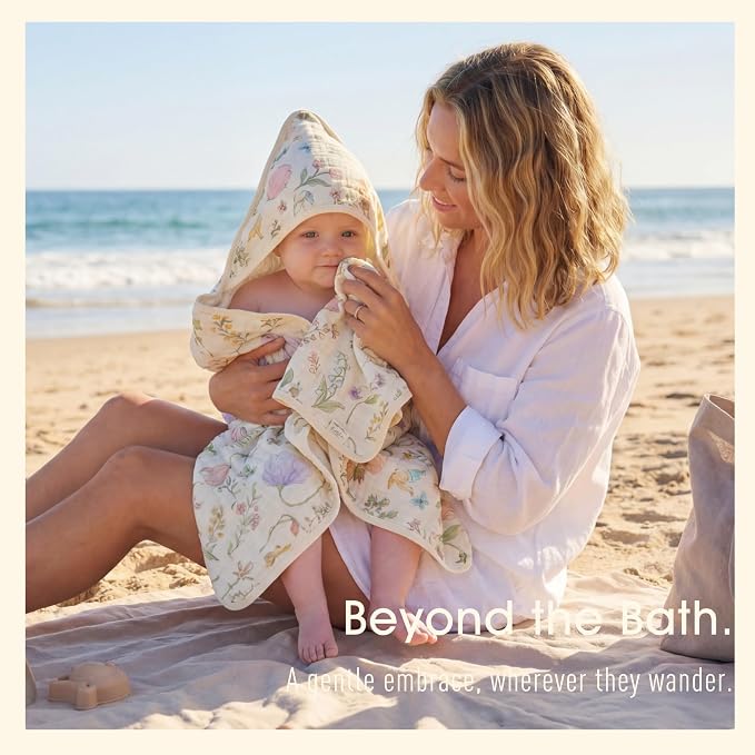4-Piece Muslin Baby Towel Set - Made with Organic Cotton, (2) 6-Layer 32x32 Towels & (2) Washcloths, Bath, Beach & Pool Gift Set (Woodland Garden & Green)