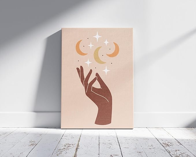 Mystical Hand Wrapped Canvas Wall Art Celestial Moon and Stars Earth Tones Terracotta 16x20 Inch Gallery Stretched Modern Spiritual Home Art Decor