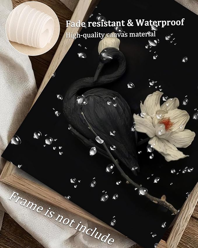 Vintage Black Swan Wall Art, Elegant Farmhouse Moody Dark Flower Academia Swan Print, Classic Neutral Animal Artwork Canvas Wall Decor for Bedroom, Living Room, Bathroom, Lake House - 8x10Inch Unframe