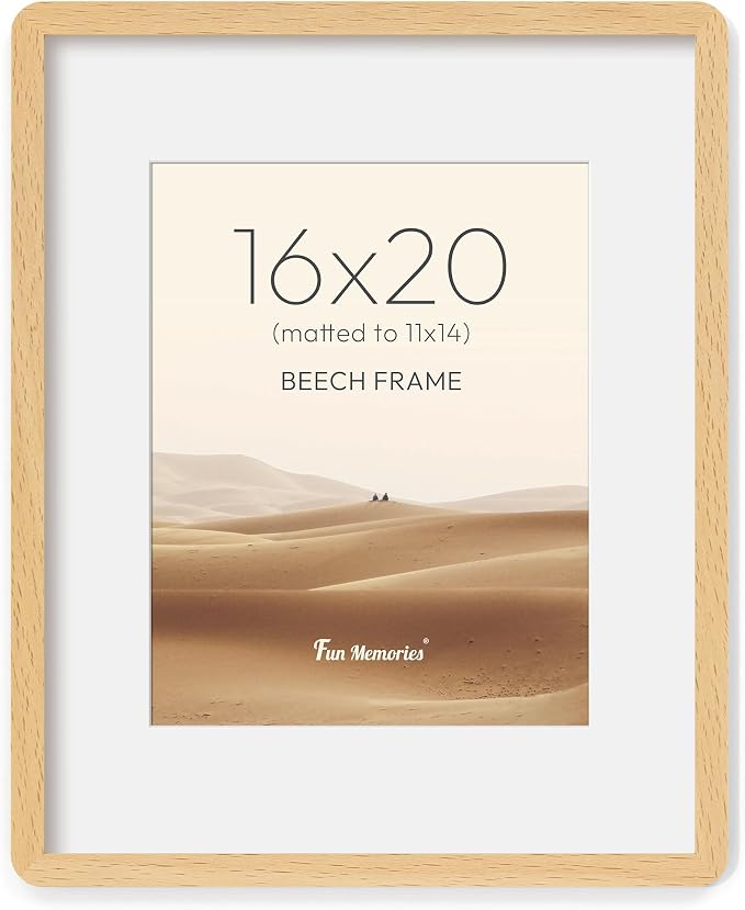 Fun Memories 16x20 Picture Frame - Solid Beech Wood Poster Frame, Handcrafted Rounded Corner 16 x 20 Wooden Frames Matted to 11x14 Photos, Horizontal or Vertical Wall Mounting, Natural Beech