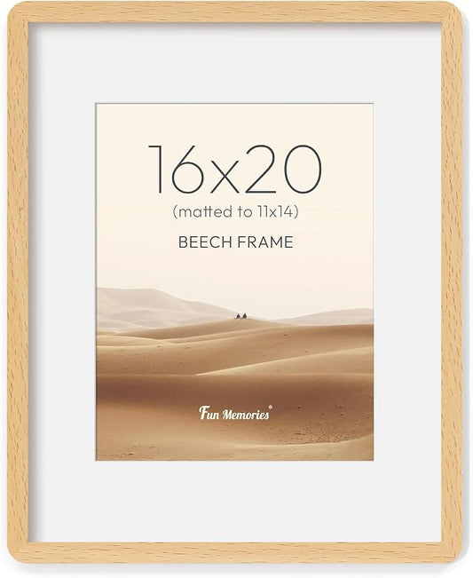 Fun Memories 16x20 Picture Frame - Solid Beech Wood Poster Frame, Handcrafted Rounded Corner 16 x 20 Wooden Frames Matted to 11x14 Photos, Horizontal or Vertical Wall Mounting, Natural Beech
