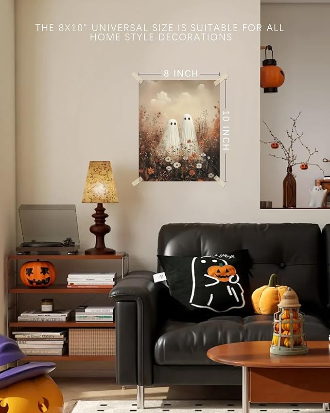 Vodefoad Vintage Cute Ghosts in Wildflower Meadow Print-Moody Autumn Decor, Cute Halloween Fall Painting, Victorian Ghost Posters Pictures for Living Room, Bedroom, Bathroom, Halloween Room decor - 8x10 Inch Unframed