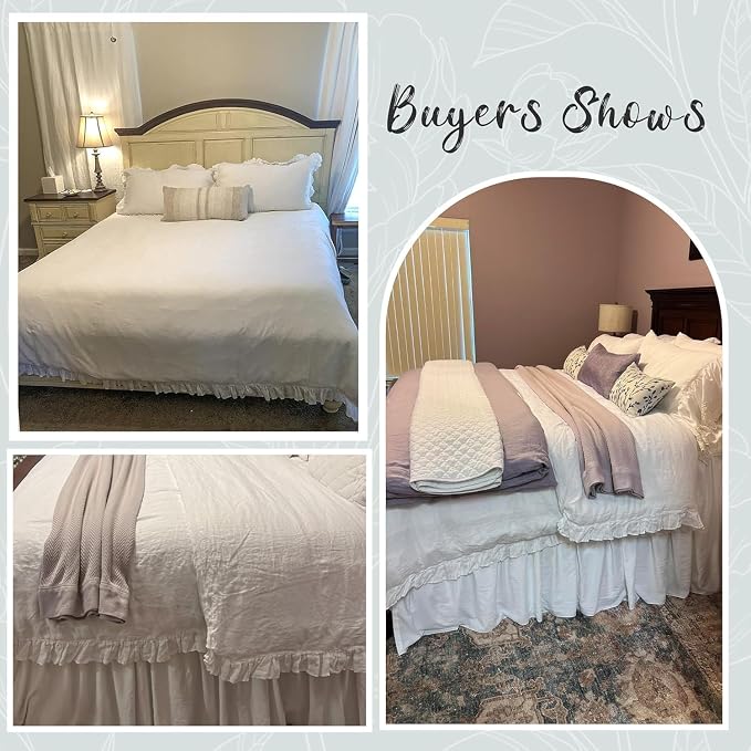 Simple&Opulence 100% Linen Duvet Cover Set, Natural French Flax White Ruffle Duvet Cover Twin Size, Breathable Comfy Linen Bedding Comforter Cover with 1 Pillowcase (White, 68" x 86")