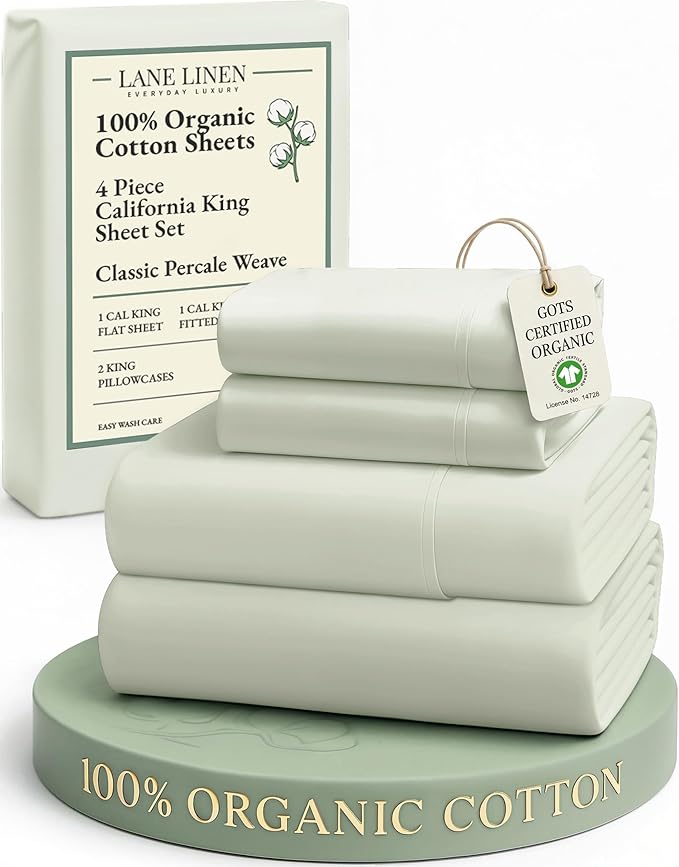 LANE LINEN Bedsheets California King Size Bed - 4Pc 100% Organic Cotton Cal King Bed Sheet Set, Soft Cooling Sheets, 15" Deep Pocket Cal King Sheets, Oeko Tex Certified - Mineral