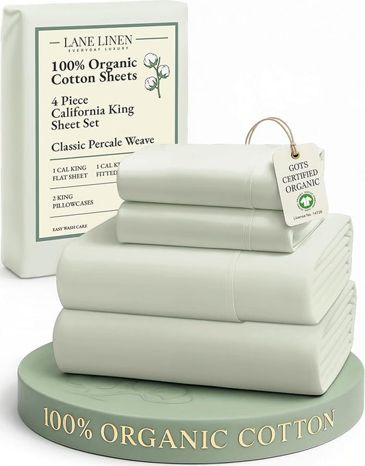 LANE LINEN Bedsheets California King Size Bed - 4Pc 100% Organic Cotton Cal King Bed Sheet Set, Soft Cooling Sheets, 15" Deep Pocket Cal King Sheets, Oeko Tex Certified - Mineral