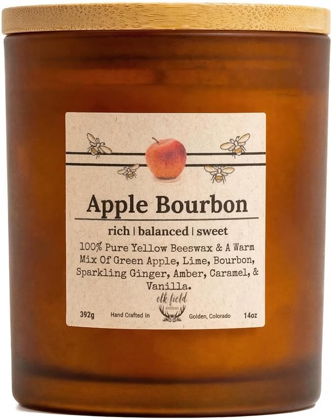 Apple Bourbon Organic Beeswax Candle | 2 Ingredients | 100% Pure Beeswax Candles, Non Toxic, Natural, Organic Candles, Beeswax Candles Scented, Non Toxic Candles, 80 Hour, 14oz