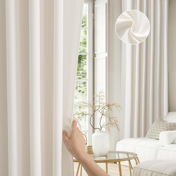 NICETOWN Cream Curtains 84 inch Long 2 Panels Set, 55" Wide Thick Organic Flax Belgian Linen Blend Privacy Window Drapes Rod Pocket & Back Tab with Light Filtering for Bedroom/Living Room