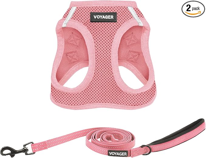 Best Pet Supplies Voyager Step-in Air All Weather Mesh Harness and Reflective Dog 5ft Leash Combo with Neoprene Handle, for Small, Medium and Large Breed Puppies - Pink, Small