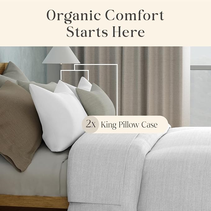 Delilah Home 100% Organic Cotton King Pillow Case, GOTS & Vegan.org Verified, Long Stem 300 TC Sateen Bedding, Non-Synthetic, Deep Pocket Fitted Linen, Lightweight, All-Season, 2 Pieces Set - White