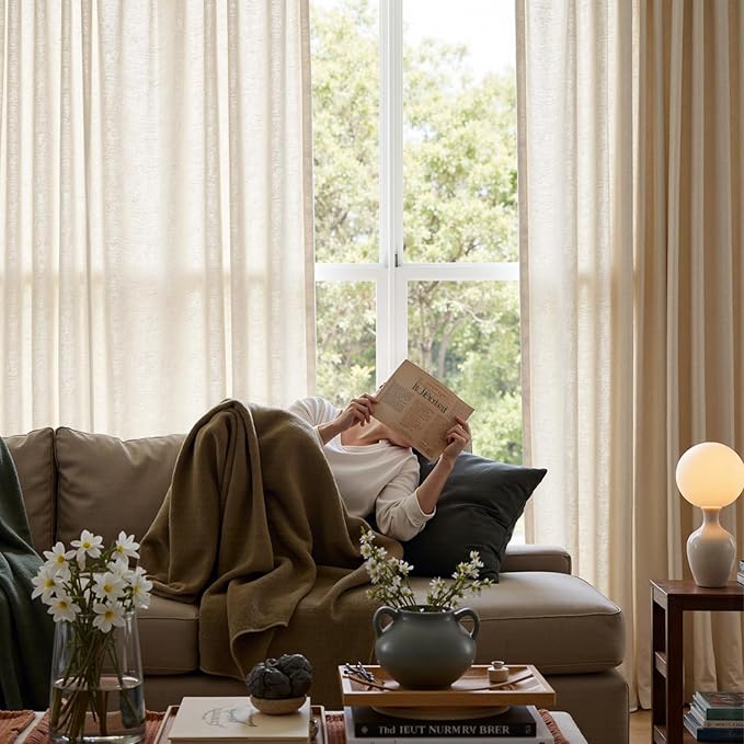 jinchan Linen Curtains Natural Beige 96 inch Extra Long 4 Panels for Bedroom Living Room Divider Sliding Door Patio Light Filtering Farmhouse Floor to Ceiling Drapes Back Tab(38W x 96L, Ecru)