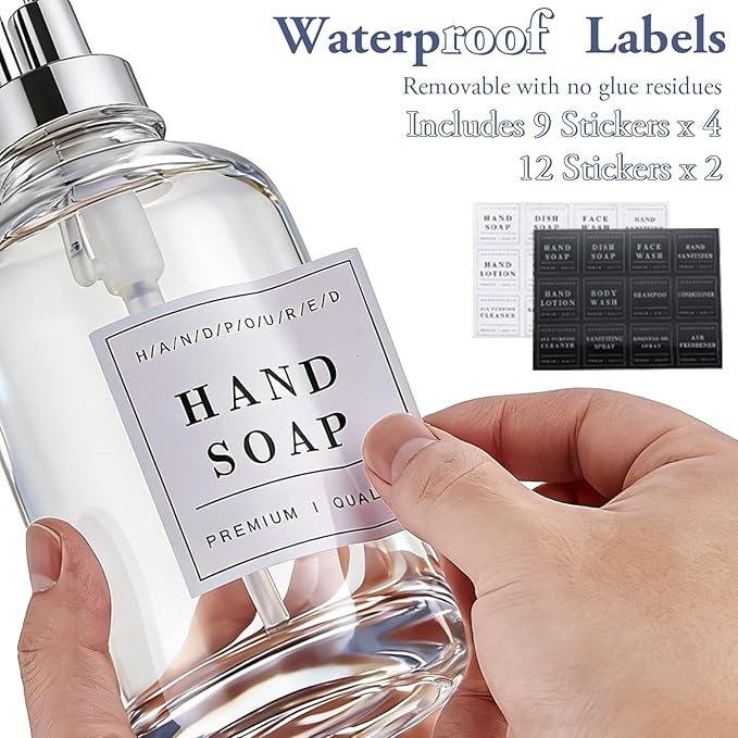 Glass Soap Dispenser with Pump,Tray,Funnel, Countertop Soap and Lotion Dispenser Set of 2 with 60 Stickers, Dish and Hand Soap Dispenser Bottle for Kitchen,Bathroom,Shower, 500ml/16.9oz