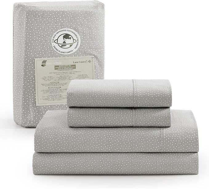 LANE LINEN 100% Organic Cotton Twin Bed Sheet Set, Luxury Hotel Style Fade Resistant Deep Pocket Machine Washable Twin Size Sheet Set, Eco Friendly Mercerized Cotton Sheets- Grey(White Dot)
